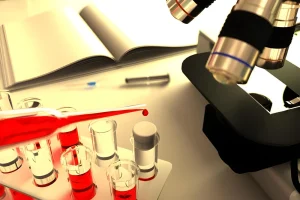 Laboratory microscope and sample tubes used in preclinical medical device research